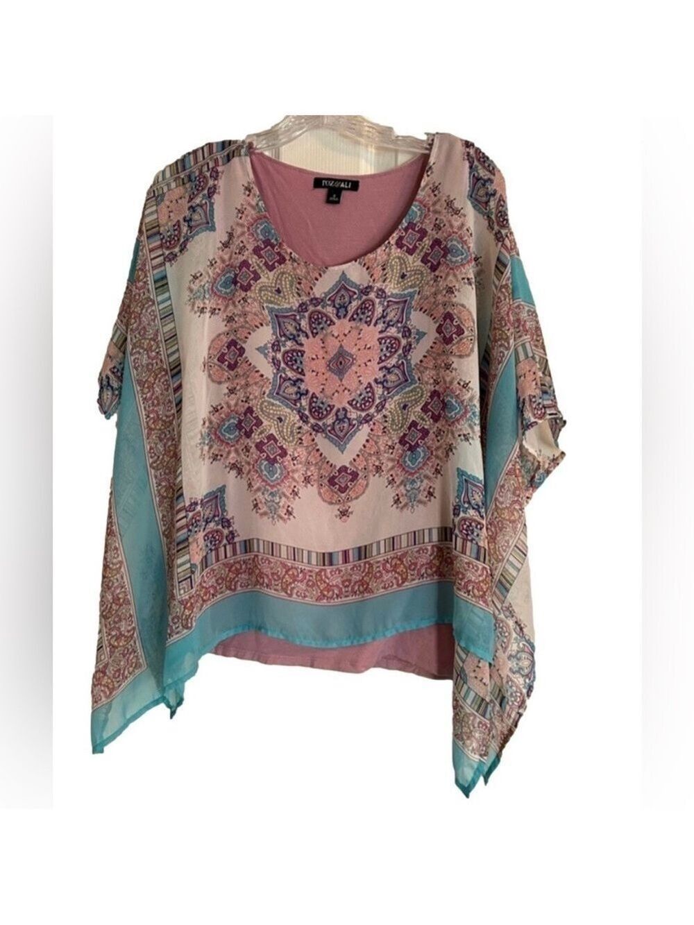 Roz & Ali Paisley Chiffon Cape Blouse Pink Teal Size S